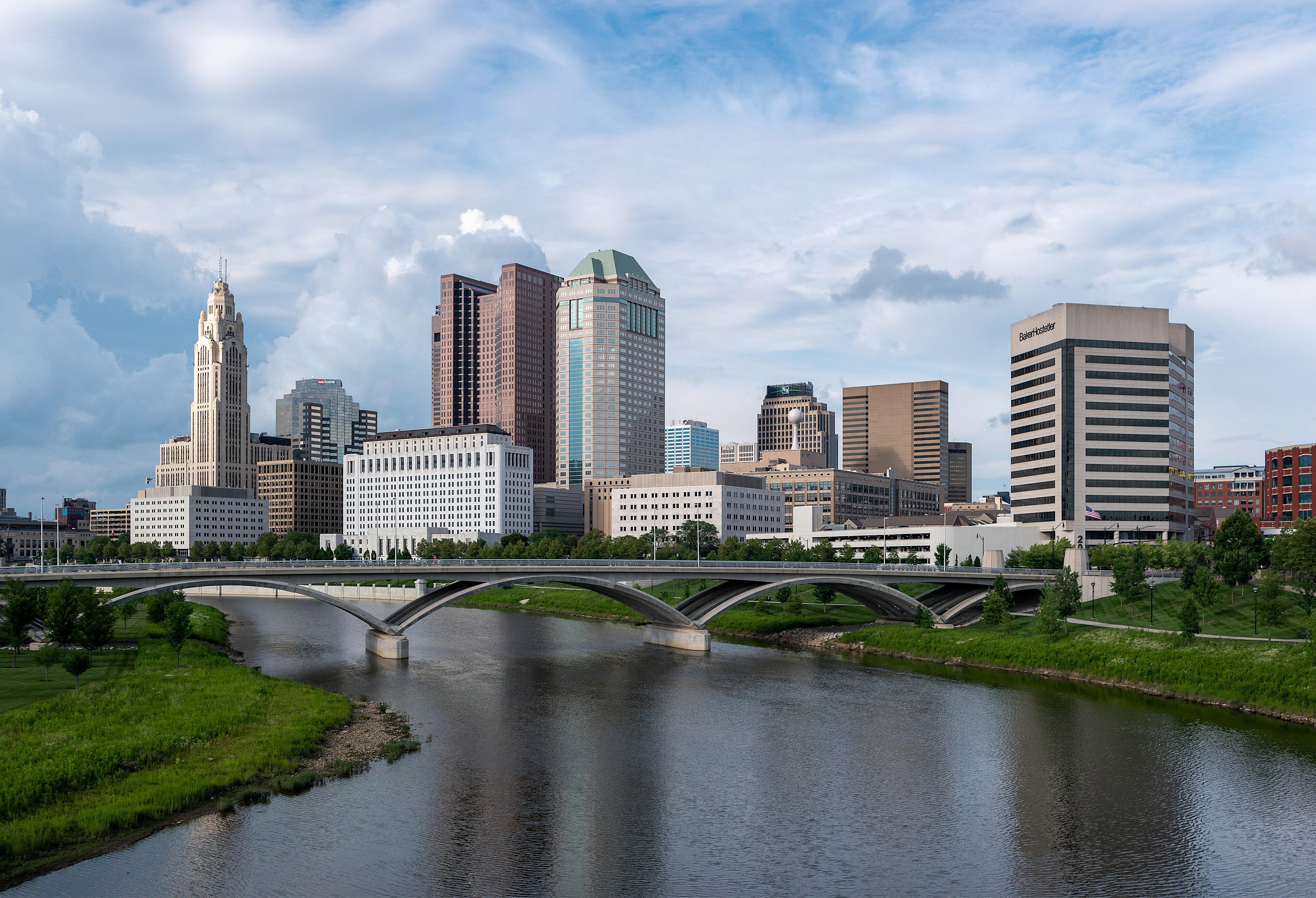 Downtown Columbus, Ohio, seen from the Main Street Bridge over the Scioto River